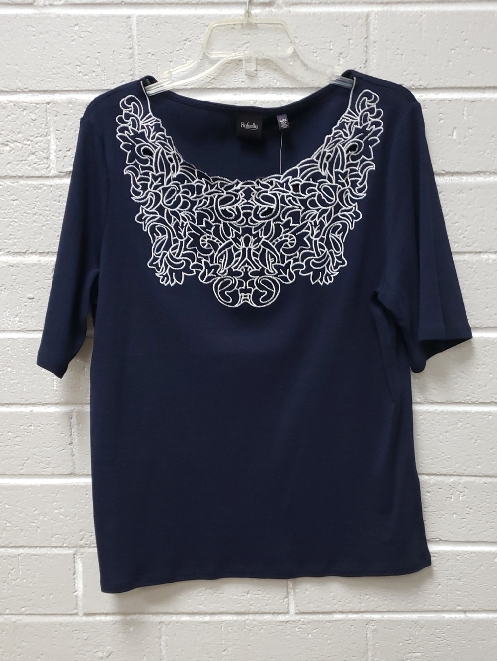 3/$20 Rafaella Navy Short Sleeve Top with White Embroidered Yoke